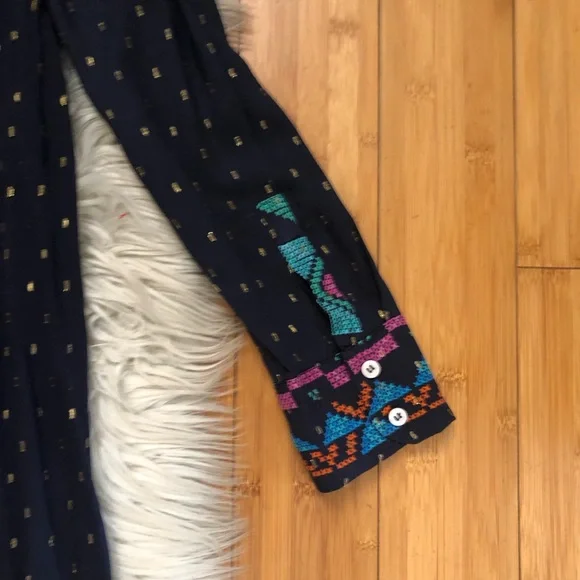 Zara Actez Tribal Geometric Metallic Long Sleeves Colorful Navy Shirtdress M - Picture 13 of 15